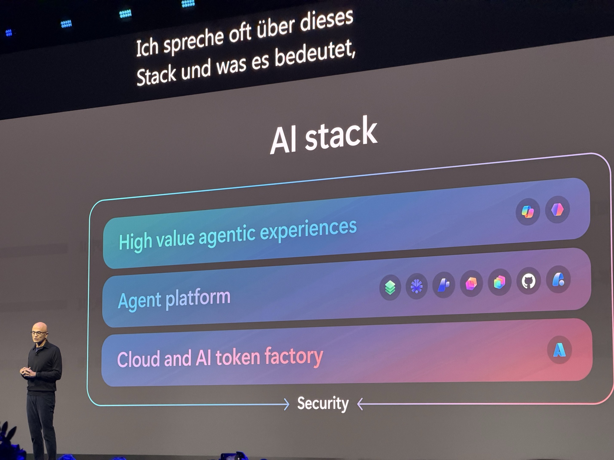 Satya Nadella on stage at Microsoft AI Tour 2026 in Munich speaking about AI agents and sovereignty